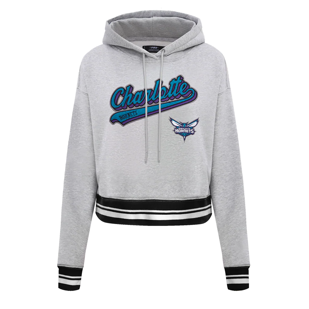 NBA CHARLOTTE HORNETS SCRIPT TAIL WOMEN'S RIB FLEECE CROPPED PULLOVER HOODIE (HEATHER GRAY/BLACK)