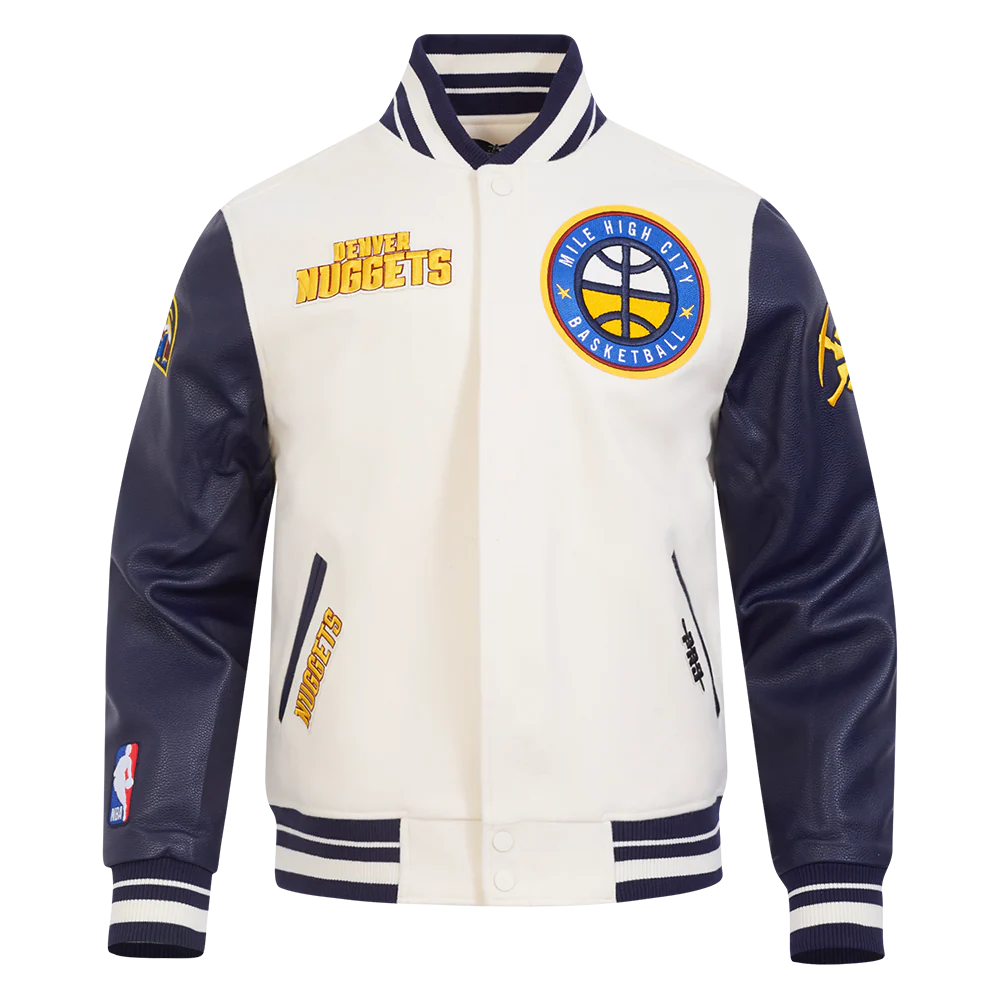 NBA DENVER NUGGETS RETRO CLASSIC MEN'S RIB WOOL VARSITY JACKET (EGGSHELL/ MIDNIGHT NAVY)