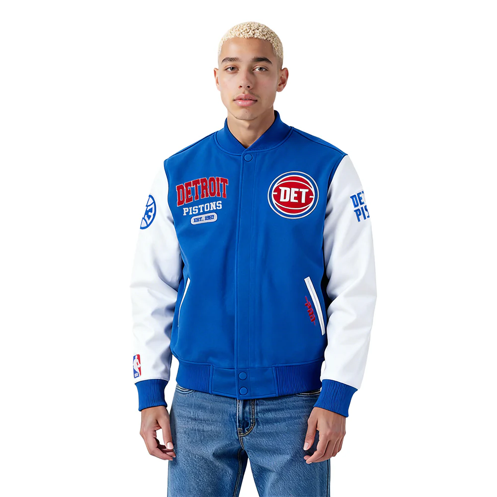NBA DETROIT PISTONS CITY ARCH MEN'S WOOL VARSITY JACKET (ROYAL BLUE/WHITE)