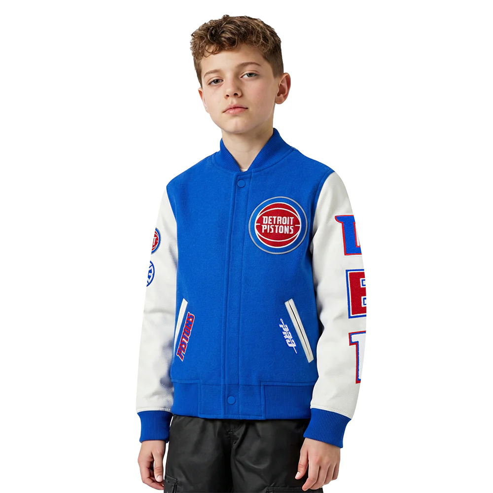 NBA DETROIT PISTONS CLASSIC BIG BOYS WOOL VARSITY JACKET (ROYAL BLUE/WHITE)