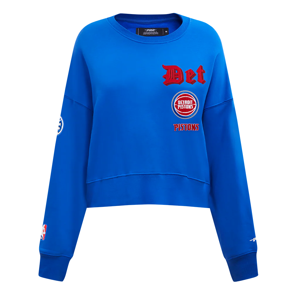 NBA DETROIT PISTONS OLD ENGLISH WOMEN'S FLC CREWNECK (ROYAL BLUE)
