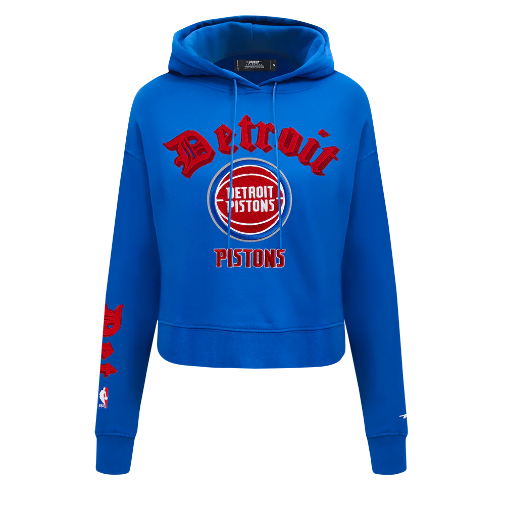 NBA DETROIT PISTONS OLD ENGLISH WOMEN'S FLC CROPPED PO HOODIE (ROYAL BLUE)