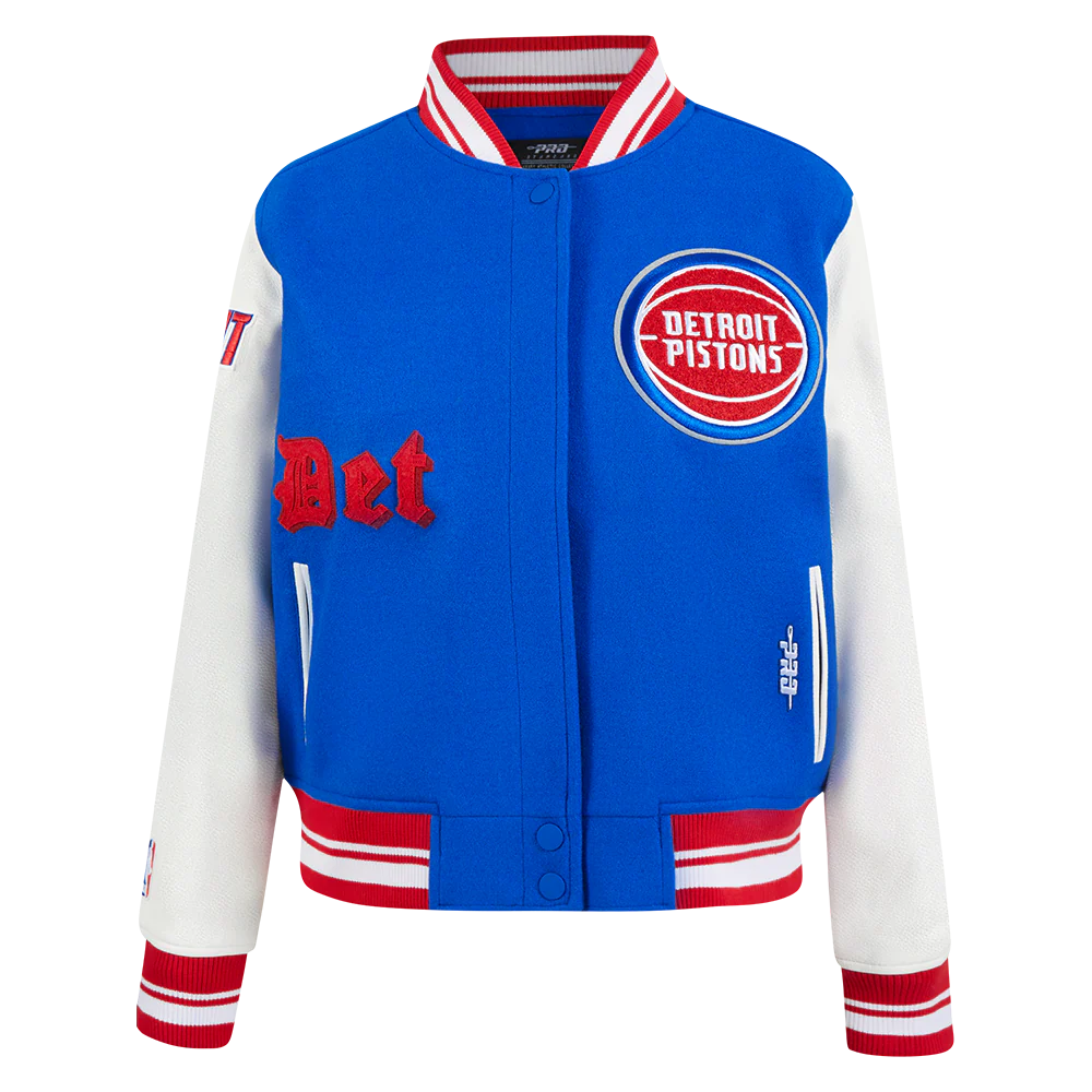 NBA DETROIT PISTONS OLD ENGLISH WOMEN'S RIB WOOL VARSITY JACKET (ROYAL BLUE/RED)