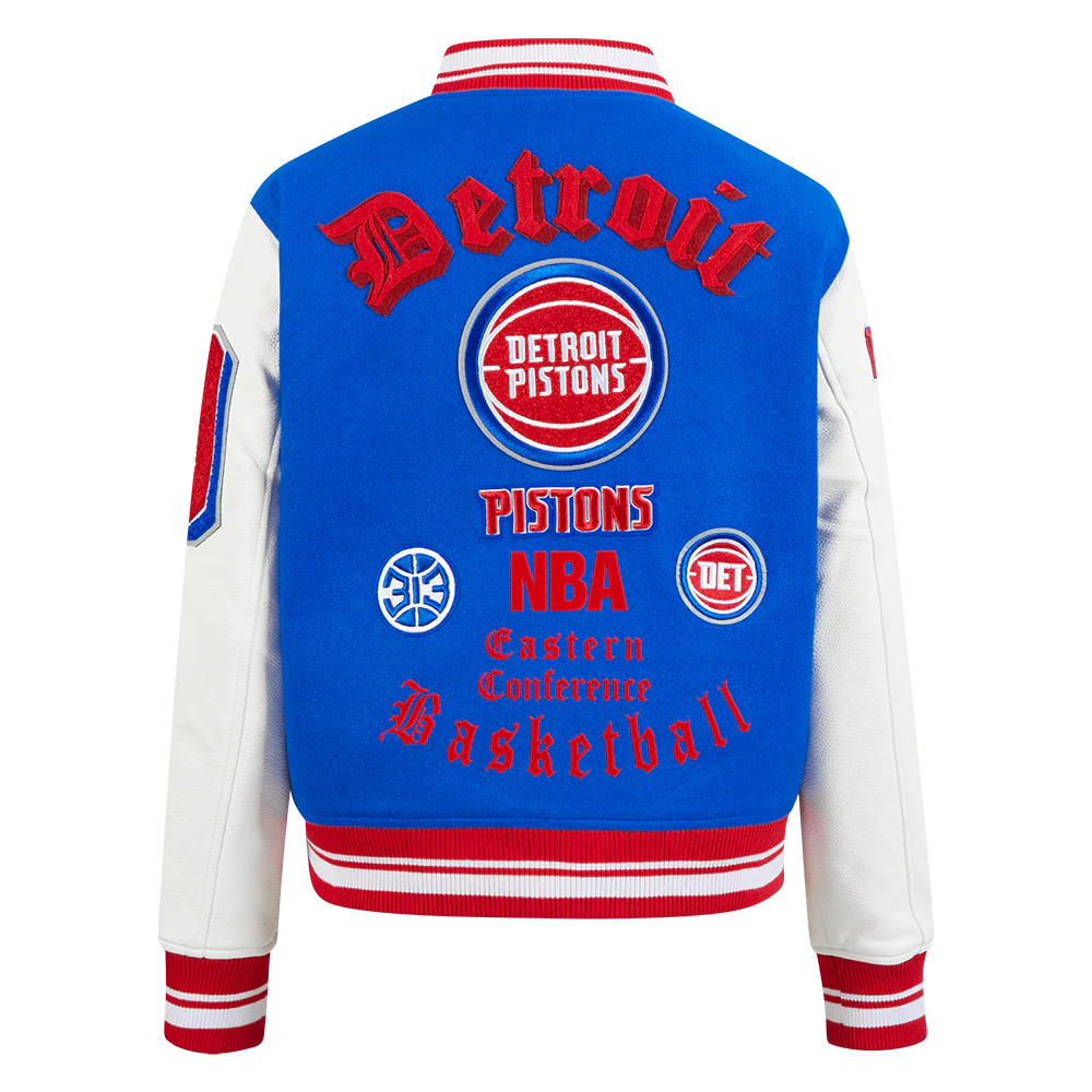 NBA DETROIT PISTONS OLD ENGLISH WOMEN'S RIB WOOL VARSITY JACKET (ROYAL BLUE/RED) - Image 3