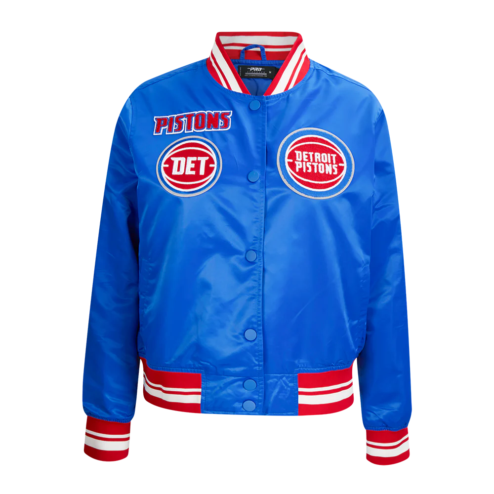 NBA DETROIT PISTONS RETRO CLASSIC WOMEN'S RIB SATIN JACKET (ROYAL BLUE/RED)