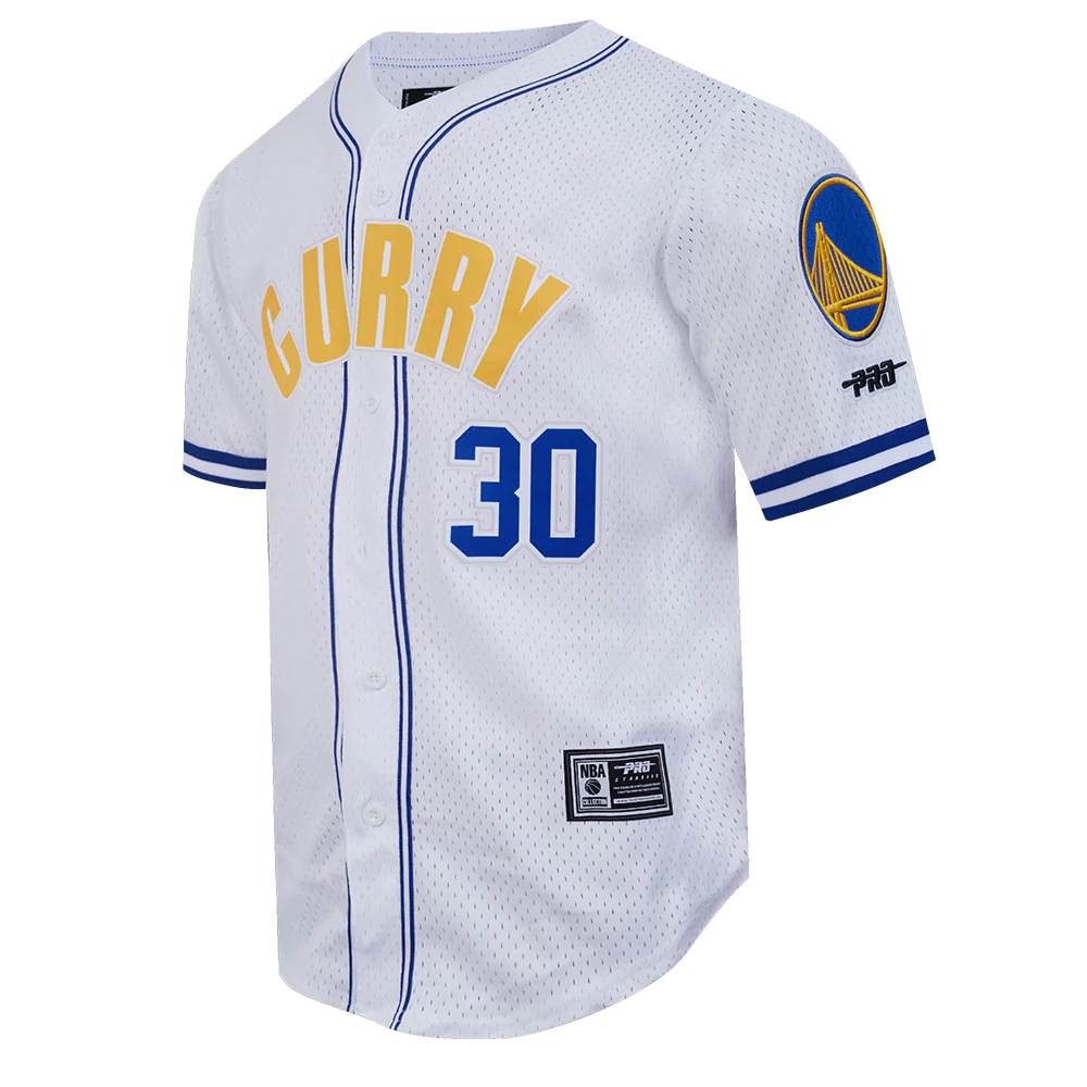 NBA GOLDEN STATE WARRIORS STEPHEN CURRY #30 CLASSIC MESH PNN MEN'S MESH BUTTON DOWN SHIRT (WHITE/ROYAL BLUE) - Image 2