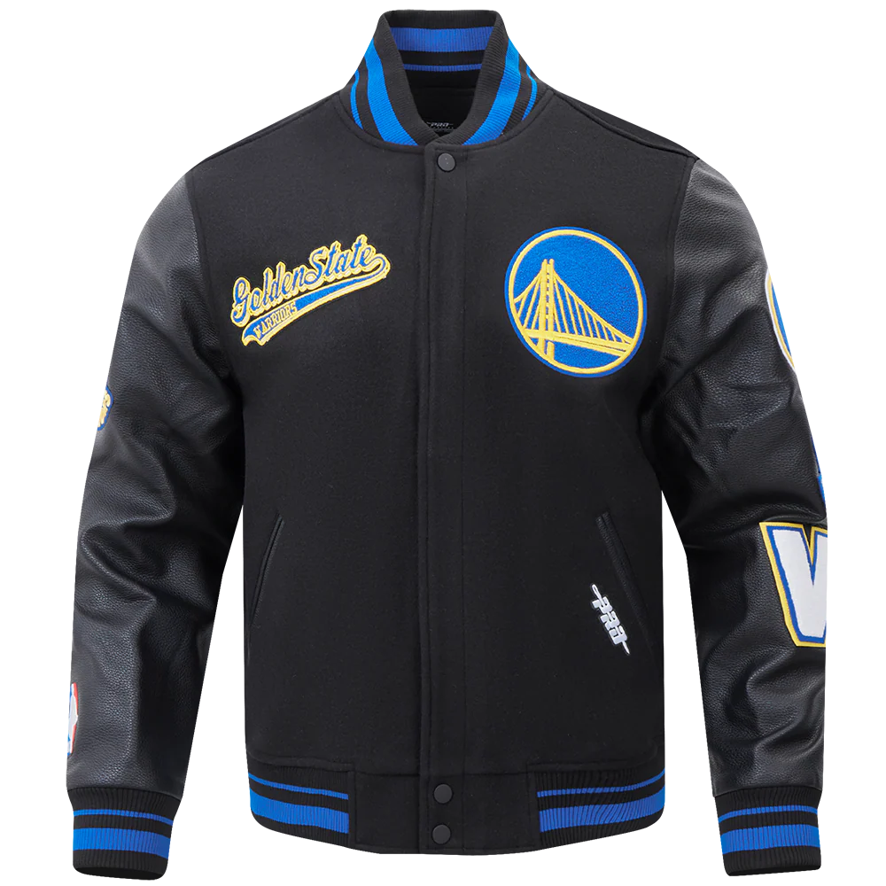 NBA GOLDEN STATE WARRIORS SCRIPT TAIL MEN'S RIB WOOL VARSITY (BLACK/ROYAL BLUE/BLACK)