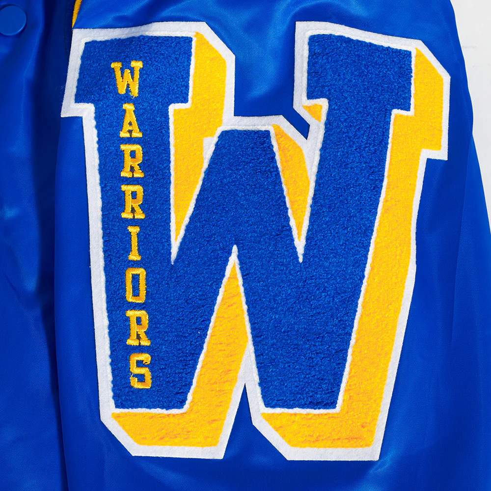 NBA GOLDEN STATE WARRIORS OLD ENGLISH MEN'S RIB SATIN JACKET (ROYAL BLUE) - Image 7