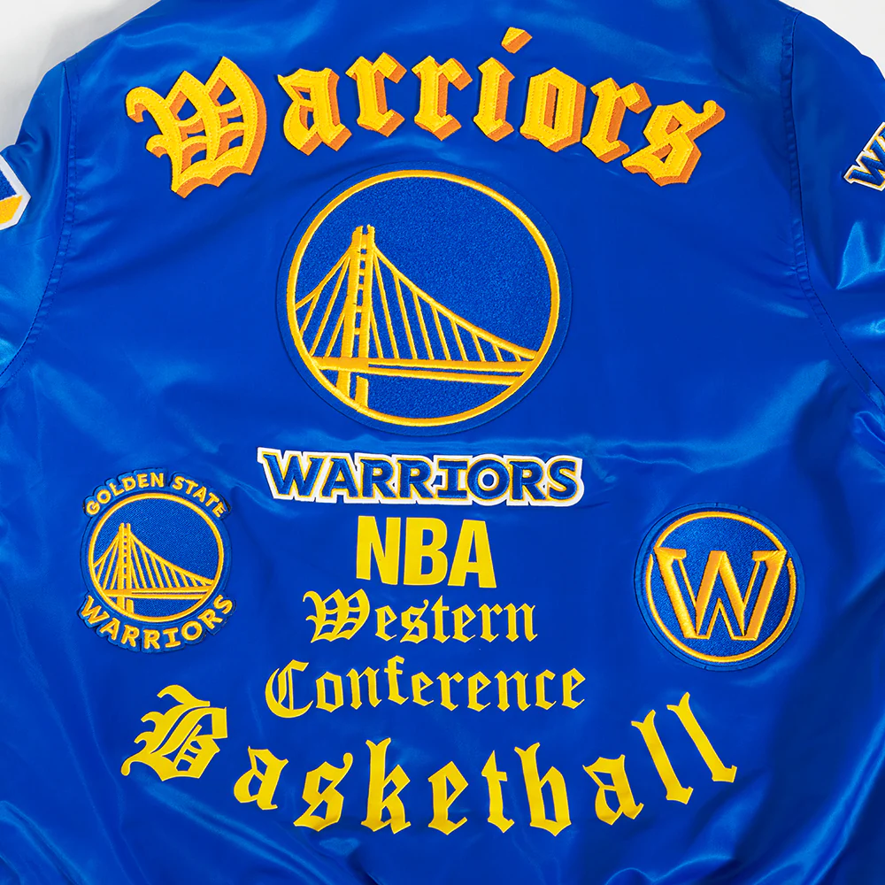 NBA GOLDEN STATE WARRIORS OLD ENGLISH MEN'S RIB SATIN JACKET (ROYAL BLUE) - Image 9