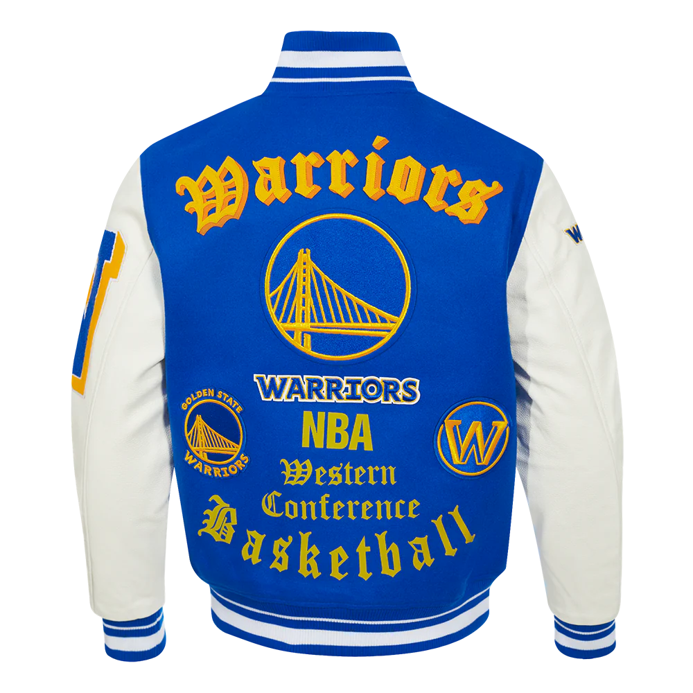 NBA GOLDEN STATE WARRIORS OLD ENGLISH MEN'S RIB WOOL VARSITY JACKET (ROYAL BLUE/WHITE) - Image 4