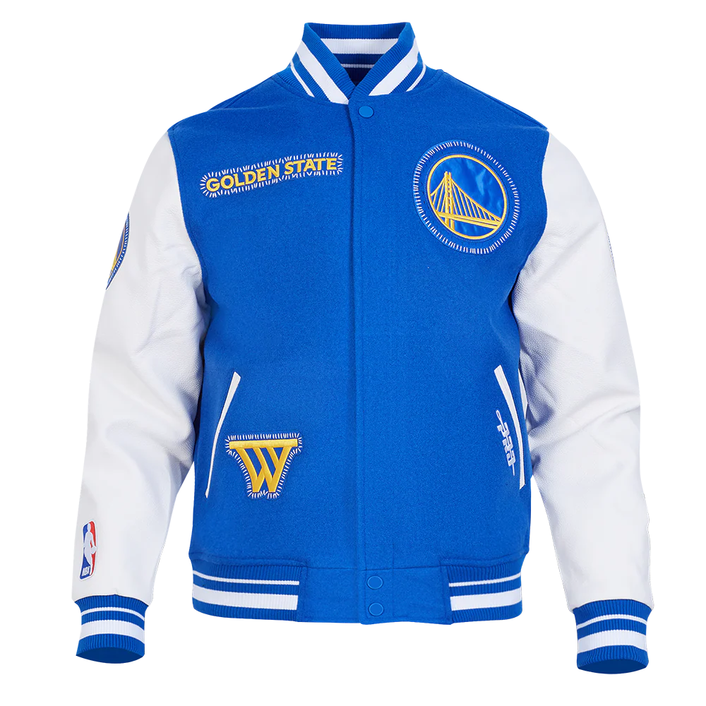 NBA GOLDEN STATE WARRIORS DIY PICK STITCH MEN'S RIB WOOL VARSITY JACKET (ROYAL BLUE/WHITE)