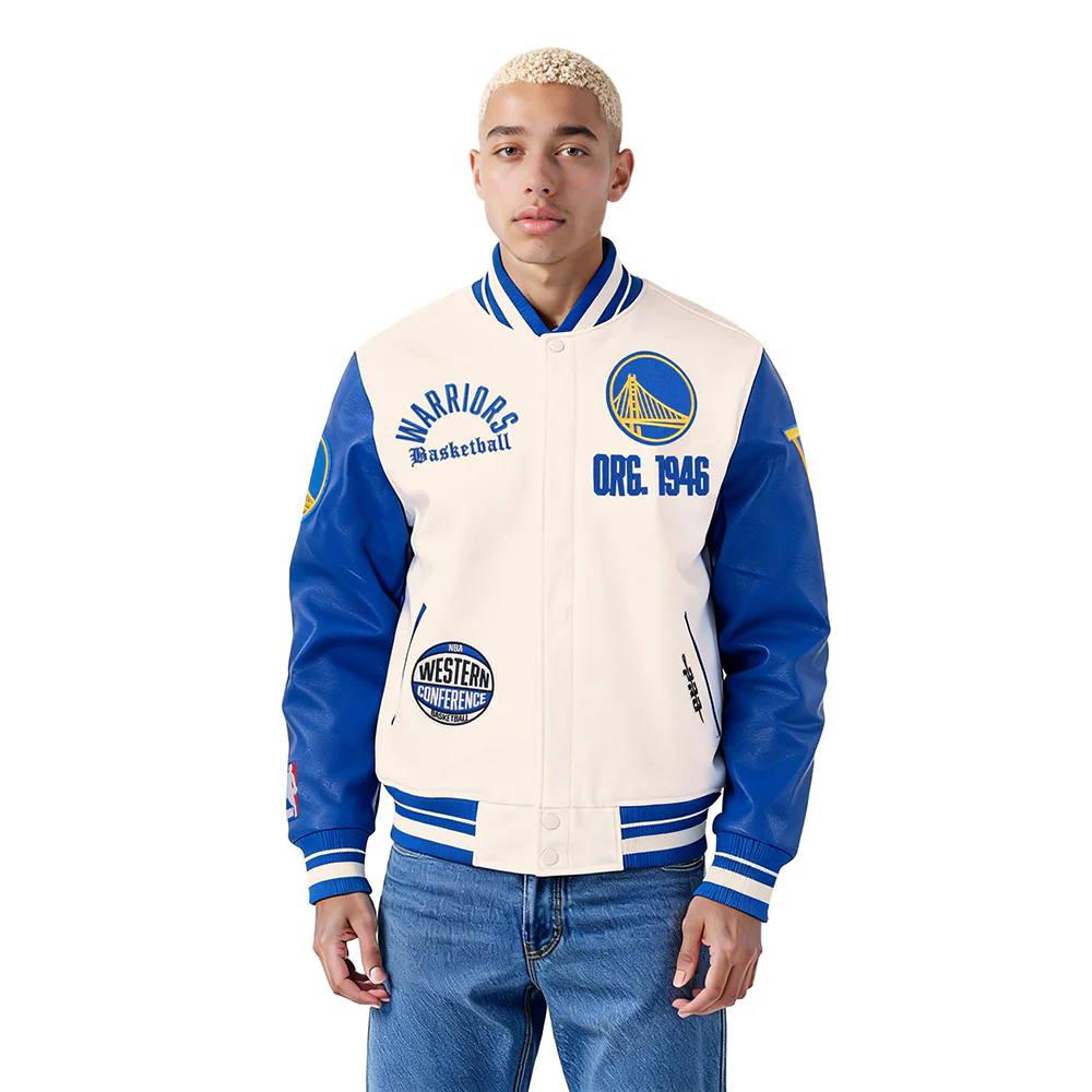 NBA GOLDEN STATE WARRIORS MODERN ORIGINALS MEN'S RIB WOOL VARSITY JACKET (EGGSHELL/ROYAL BLUE)