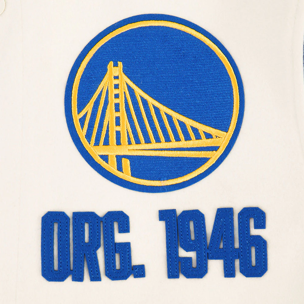 NBA GOLDEN STATE WARRIORS MODERN ORIGINALS MEN'S RIB WOOL VARSITY JACKET (EGGSHELL/ROYAL BLUE) - Image 6