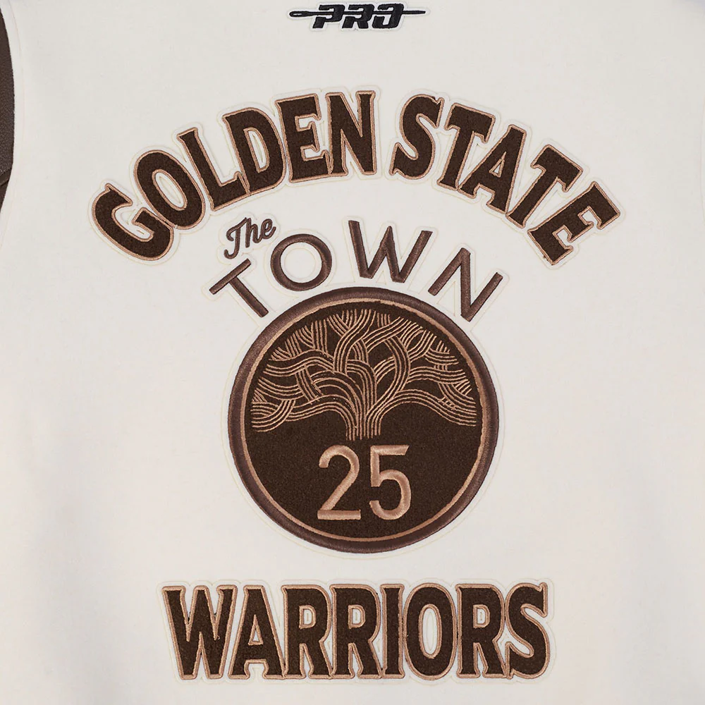 NBA GOLDEN STATE WARRIORS CITY EDITION 25-26 MEN'S RIB WOOL VARSITY JACKET (EGGSHELL/ BROWN) - Image 11