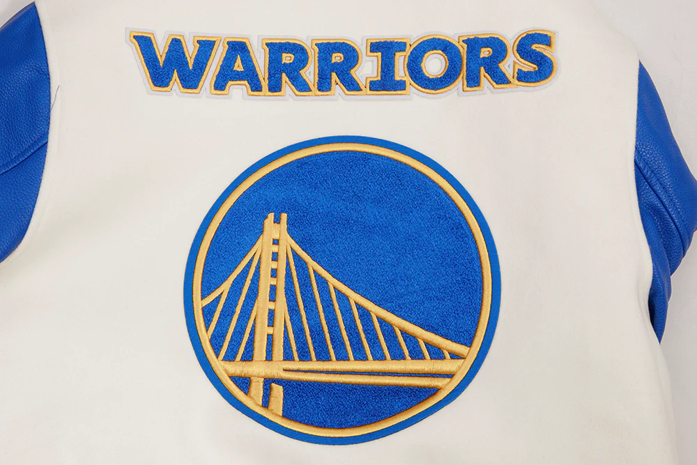 NBA GOLDEN STATE WARRIORS RETRO CLASSIC MEN'S RIB WOOL VARSITY JACKET (EGGSHELL/ROYAL BLUE) - Image 10