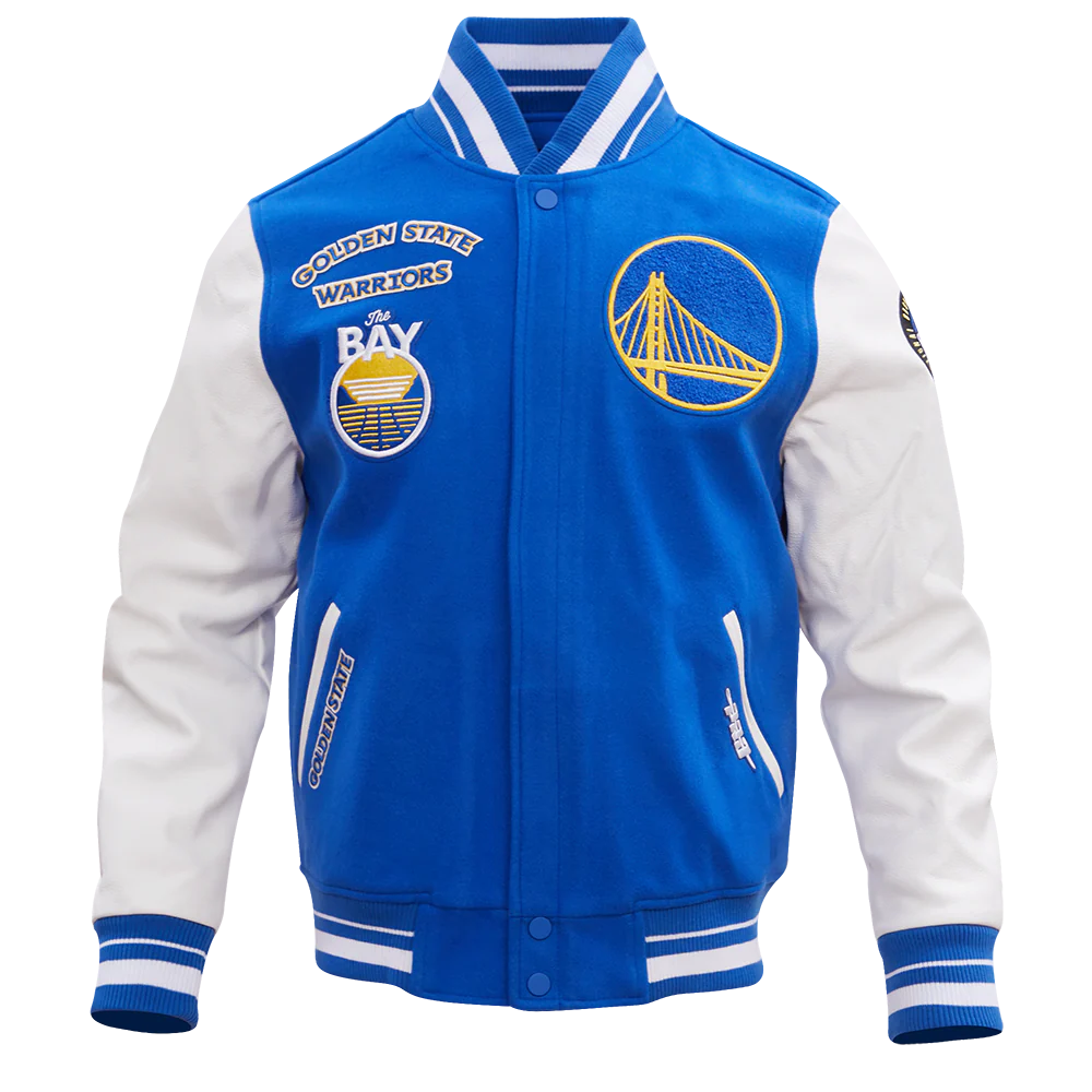 NBA GOLDEN STATE WARRIORS RETRO CLASSIC MEN'S RIB WOOL VARSITY JACKET (ROYAL/WHITE)
