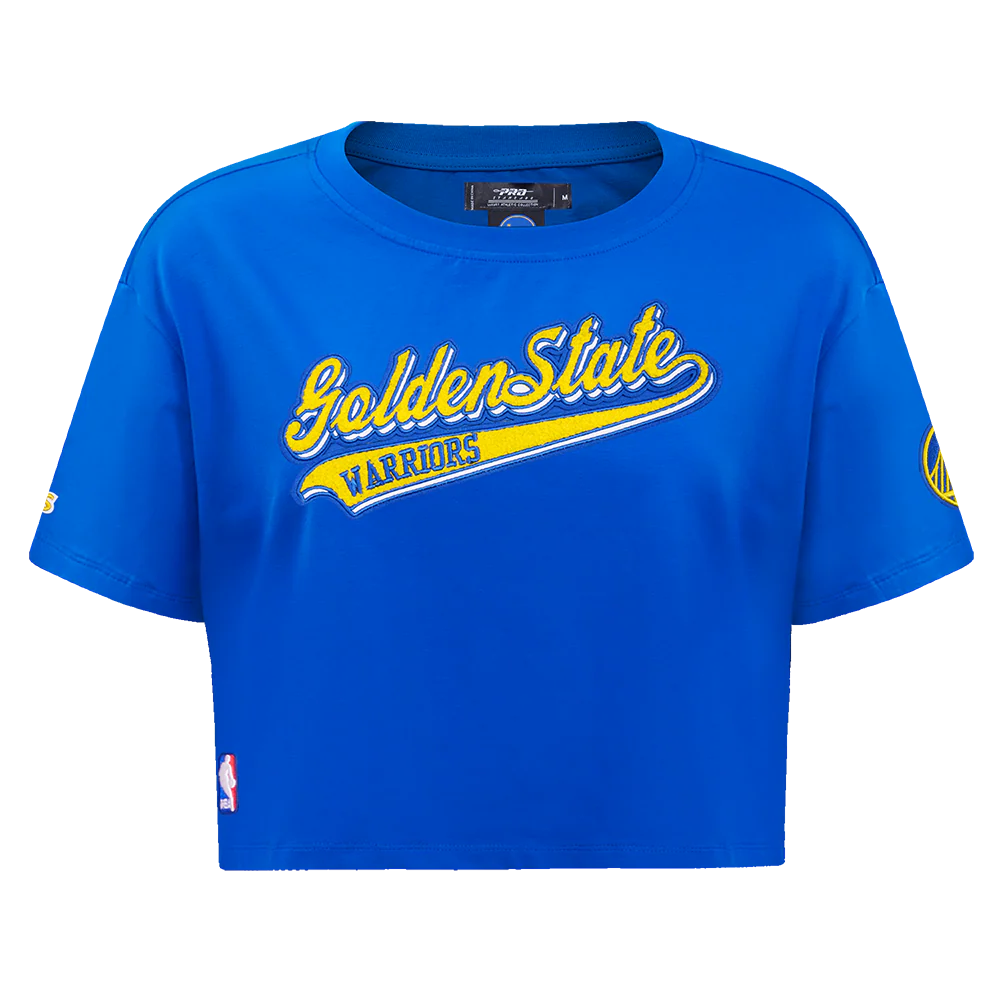 NBA GOLDEN STATE WARRIORS SCRIPT TAIL WOMEN'S SINGLE JERSEY BOXY TEE (ROYAL BLUE)