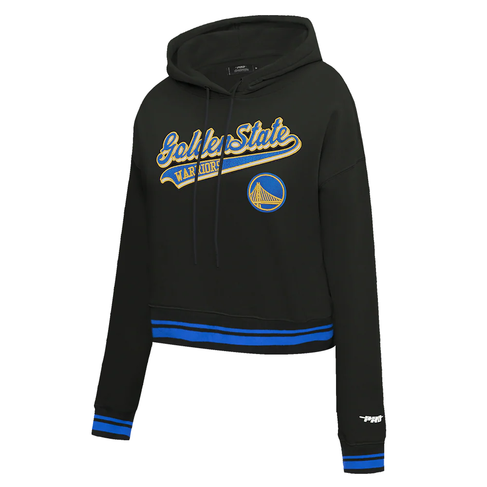 NBA GOLDEN STATE WARRIORS SCRIPT TAIL WOMEN'S RIB FLEECE CROPPED PULLOVER HOODIE (BLACK/ROYAL BLUE/BLACK) - Image 2