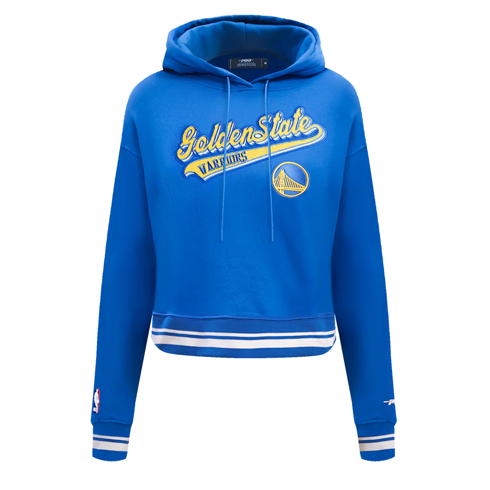 NBA GOLDEN STATE WARRIORS SCRIPT TAIL WOMEN'S RIB FLEECE CROPPED PULLOVER HOODIE (ROYAL BLUE)