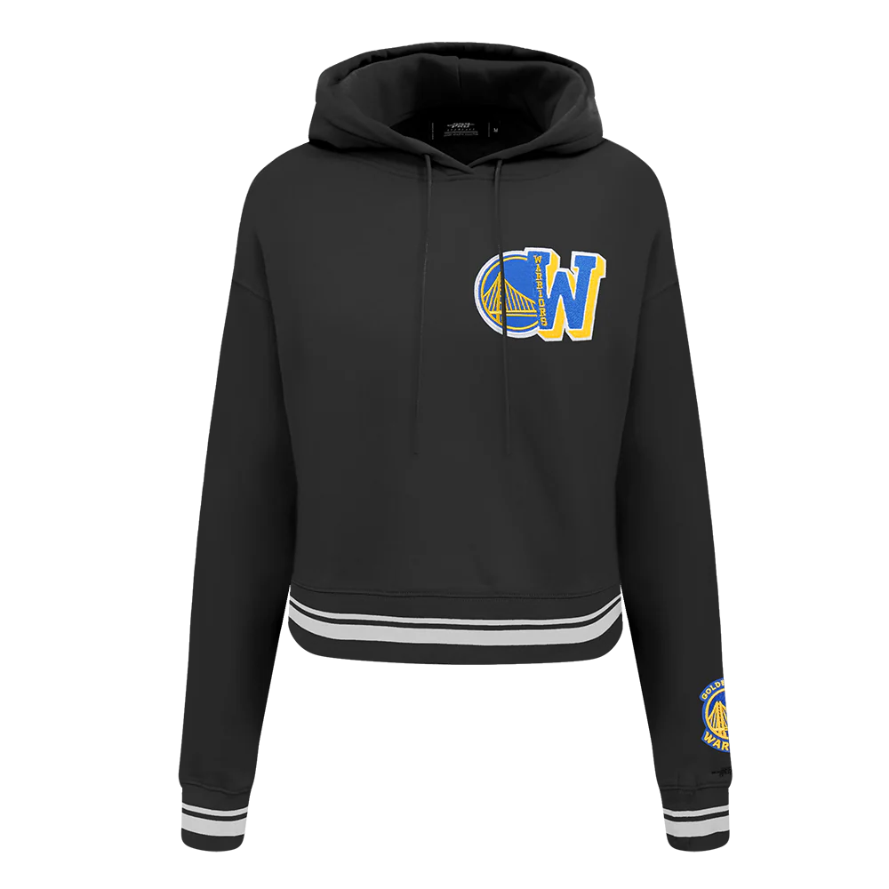 NBA GOLDEN STATE WARRIORS MASHUP WOMEN'S RIB CROPPED PULLOVER HOODIE (BLACK)