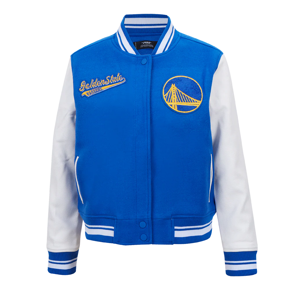 NBA GOLDEN STATE WARRIORS SCRIPT TAIL WOMEN'S WOOL VARSITY JACKET (ROYAL BLUE/WHITE)