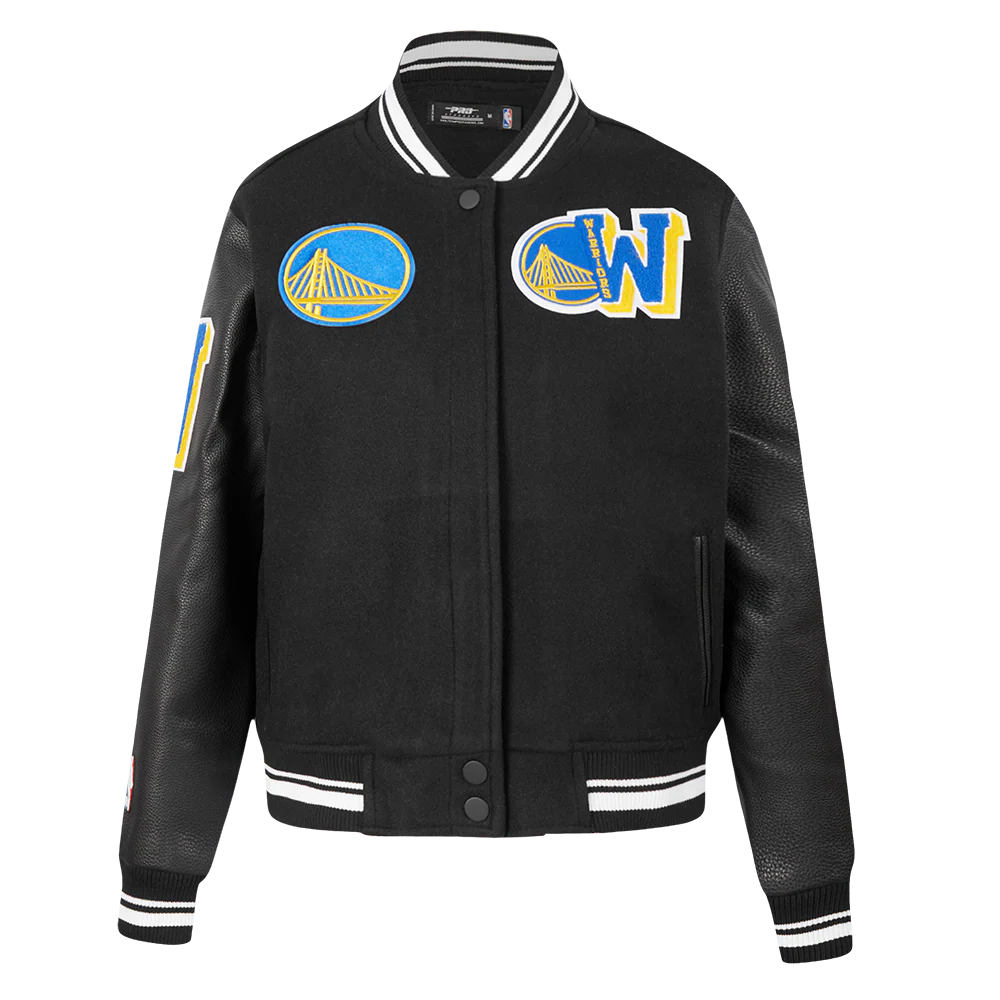 NBA GOLDEN STATE WARRIORS MASHUP WOMEN'S RIB WOOL VARSITY JACKET (BLACK)