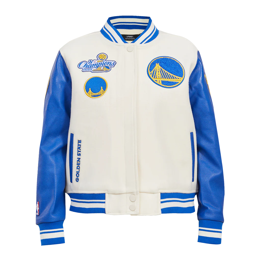 NBA GOLDEN STATE WARRIORS RETRO CLASSIC WOMEN'S RIB WOOL VARSITY JACKET (EGGSHELL/ ROYAL BLUE)