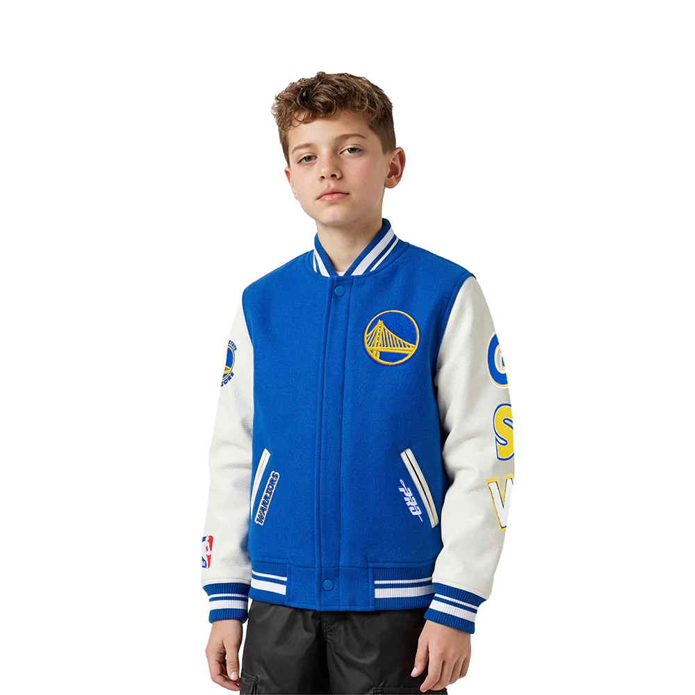 NBA GOLDEN STATE WARRIORS CLASSIC LITTLE BOYS WOOL VARSITY JACKET (ROYAL BLUE/WHITE)