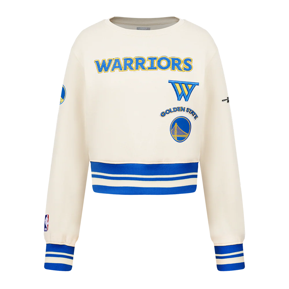 NBA GOLDEN STATE WARRIORS RETRO CLASSIC LITTLE GIRLS RIB FLEECE CREWNECK (EGGSHELL/ROYAL BLUE)