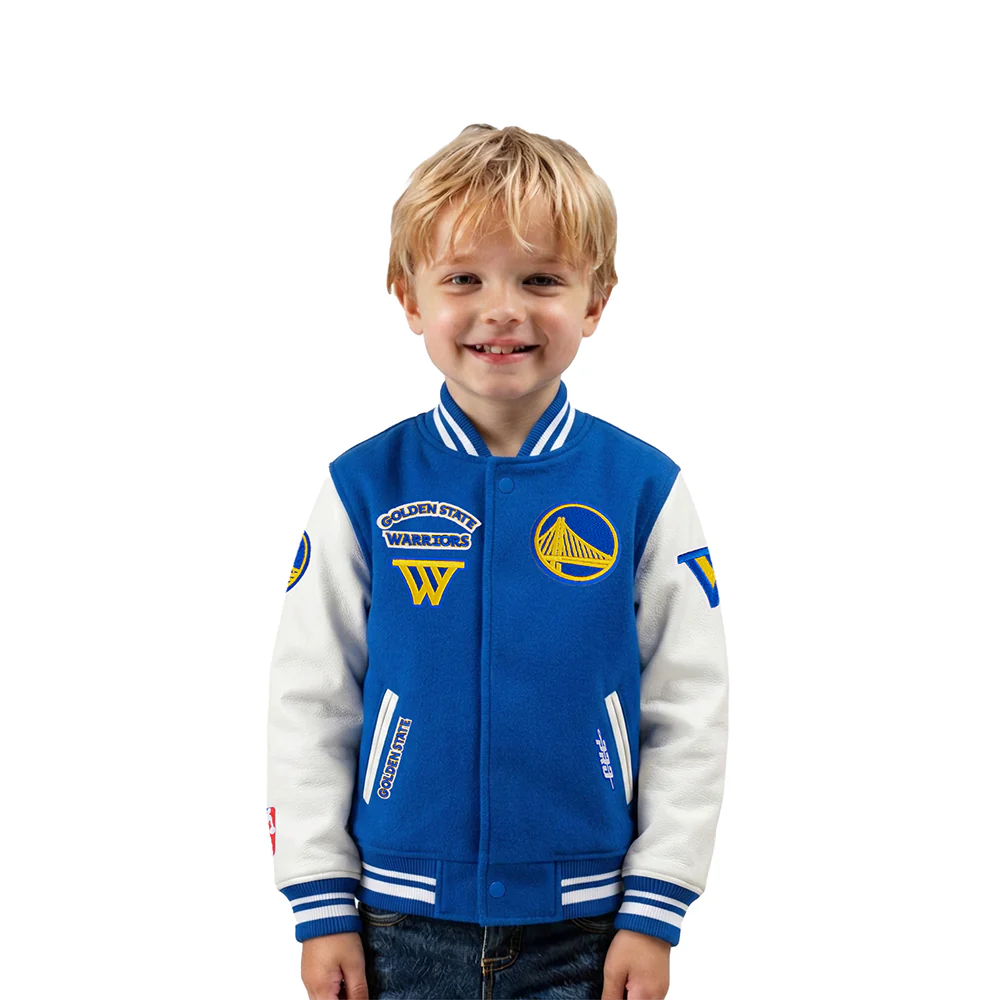NBA GOLDEN STATE WARRIORS RETRO CLASSIC TODDLER BOYS RIB WOOL VARSITY JACKET (ROYAL BLUE/WHITE)