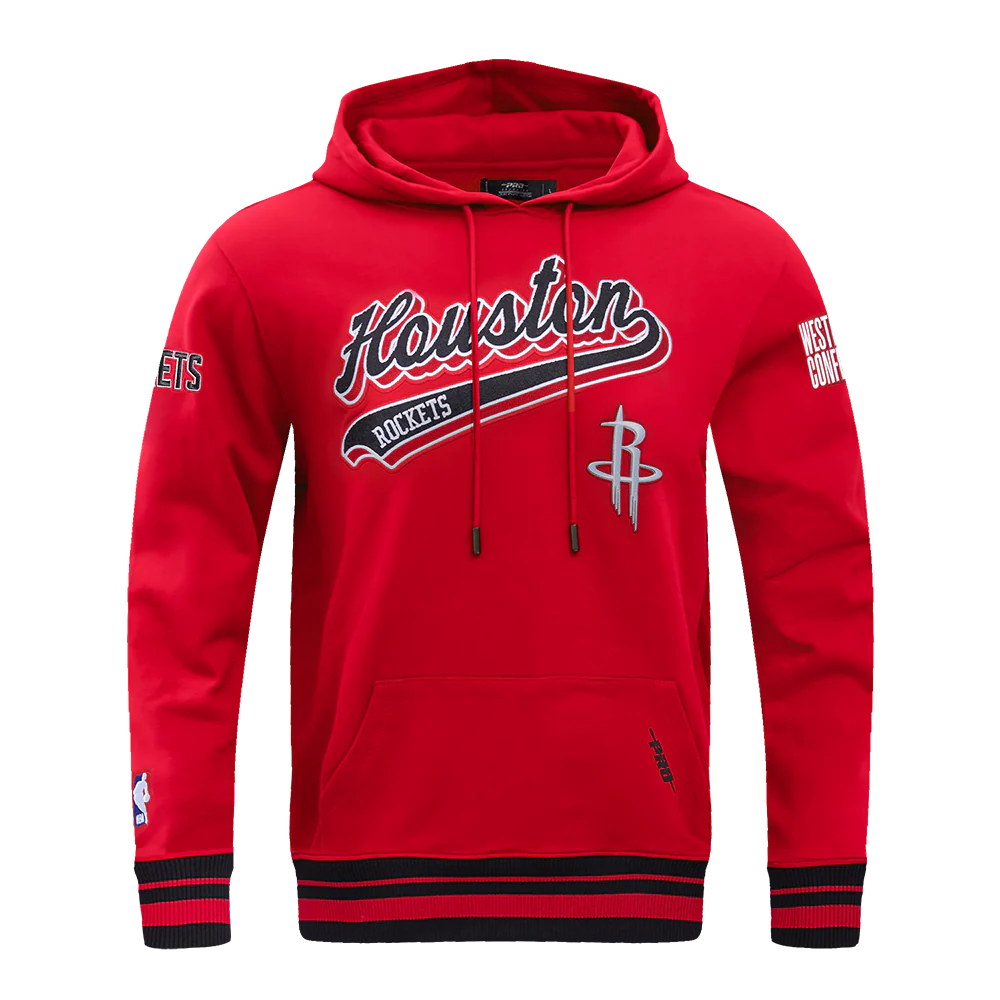 NBA HOUSTON ROCKETS SCRIPT TAIL MEN'S RIB FLEECE PULLOVER HOODIE (RED/BLACK)