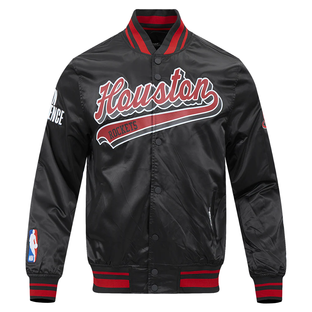 NBA HOUSTON ROCKETS SCRIPT TAIL MEN'S SATIN JACKET (BLACK/RED/BLACK)