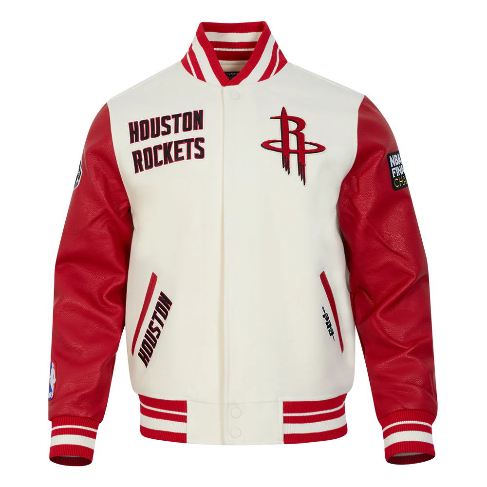 NBA HOUSTON ROCKETS RETRO CLASSIC MEN'S RIB WOOL VARSITY JACKET (EGGSHELL/ RED)
