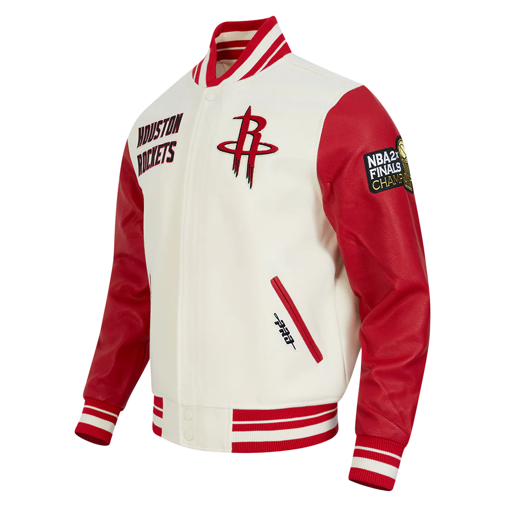 NBA HOUSTON ROCKETS RETRO CLASSIC MEN'S RIB WOOL VARSITY JACKET (EGGSHELL/ RED) - Image 2