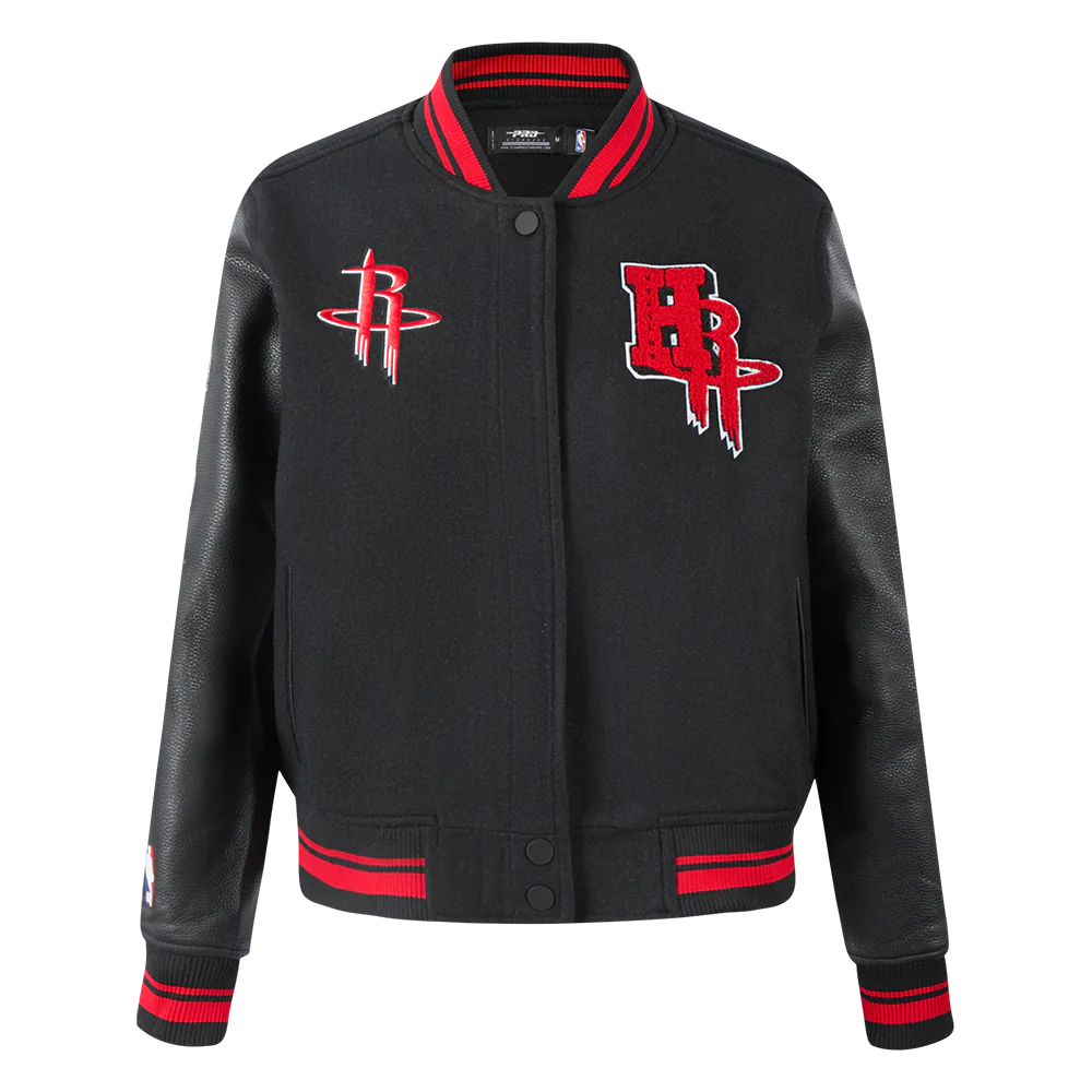 NBA HOUSTON ROCKETS MASHUP WOMEN'S RIB WOOL VARSITY JACKET (BLACK/RED/BLACK)