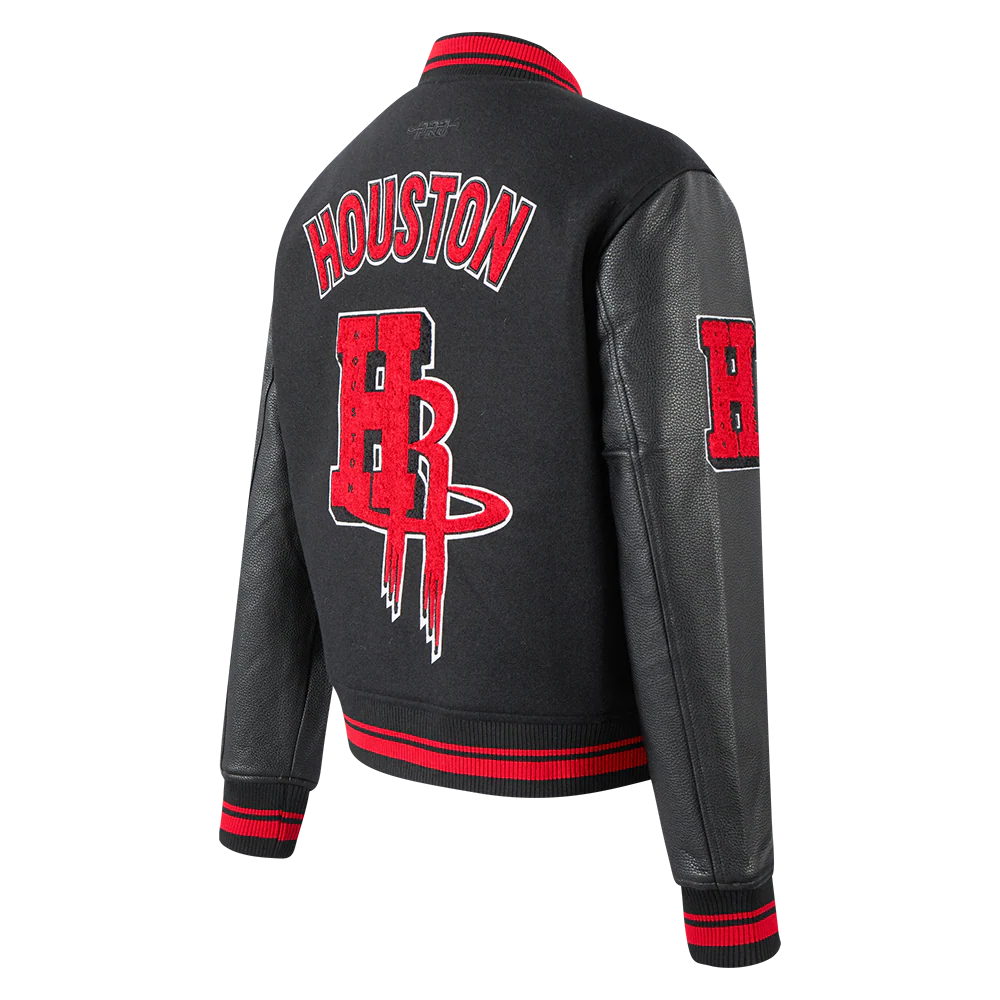 NBA HOUSTON ROCKETS MASHUP WOMEN'S RIB WOOL VARSITY JACKET (BLACK/RED/BLACK) - Image 4