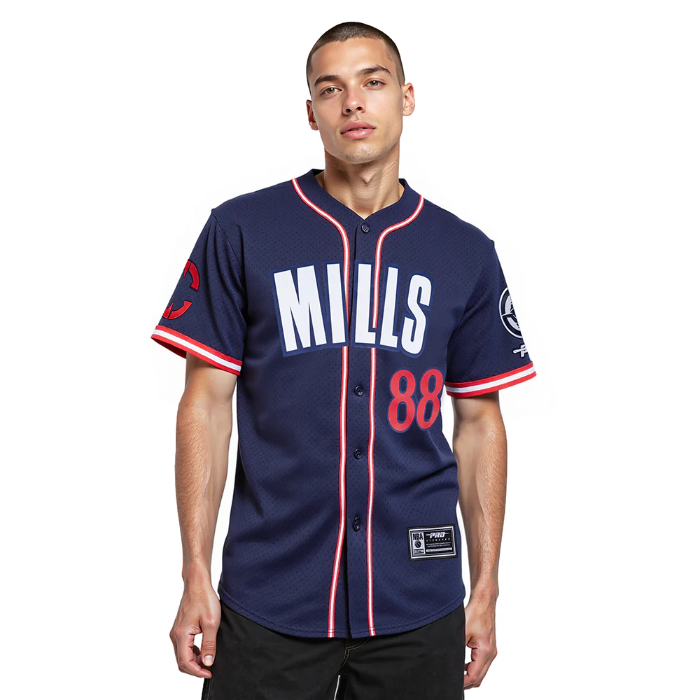 NBA LOS ANGELES CLIPPERS PATTY MILLS #88 CLASSIC MESH PNN MEN'S MESH BUTTON DOWN SHIRT (MIDNIGHT NAVY/RED)