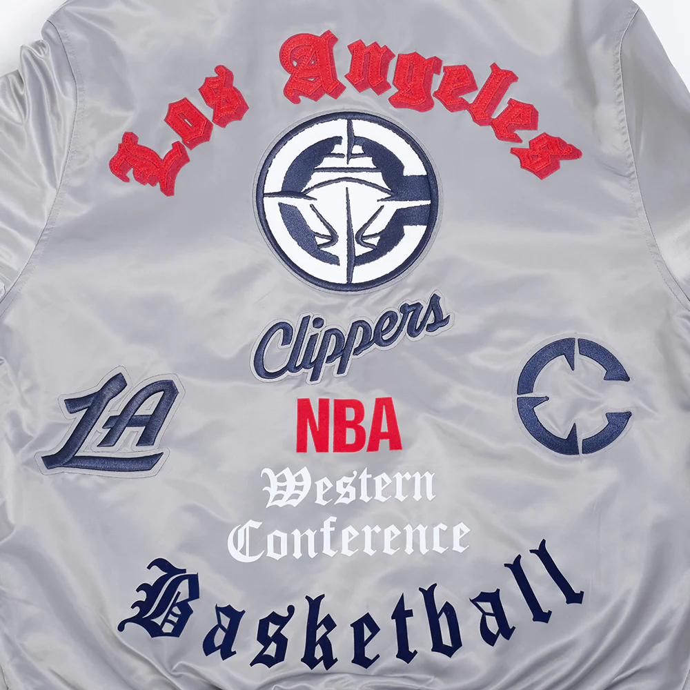 LOS ANGELES CLIPPERS CLASSIC OLD ENGLISH MEN'S RIB SATIN JACKET (GRAY) - Image 5