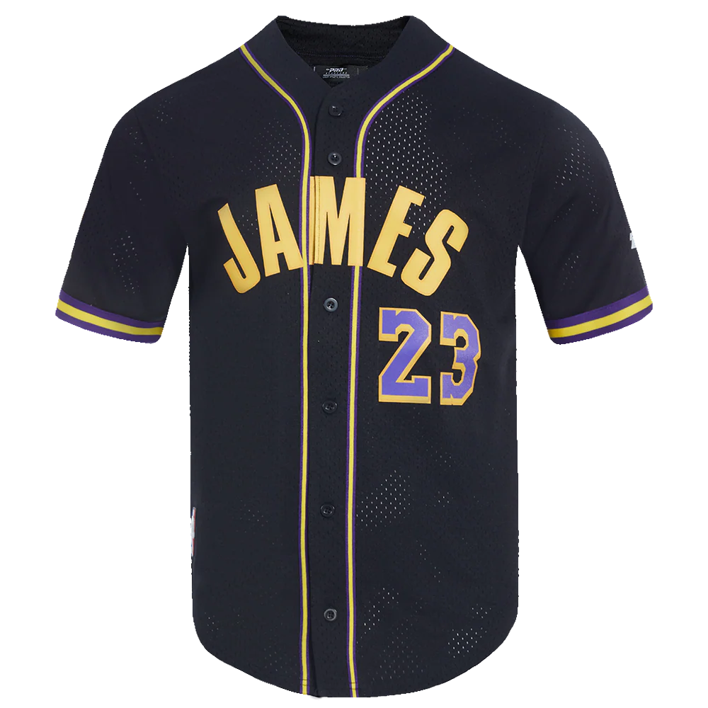 NBA LOS ANGELES LAKERS LEBRON JAMES #23 MEN'S MESH BUTTON DOWN SHIRT (BLACK/PURPLE/YELLOW)