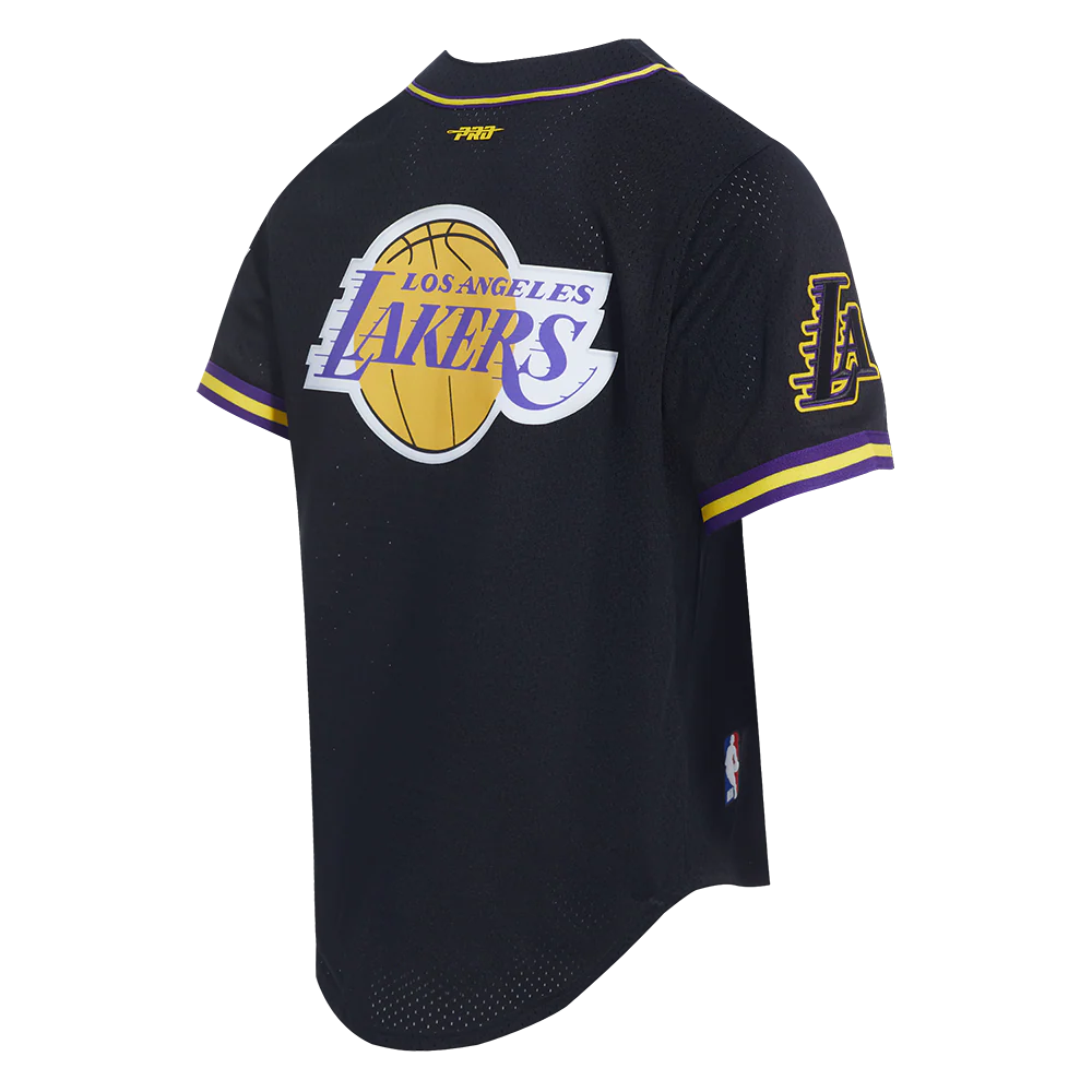 NBA LOS ANGELES LAKERS LEBRON JAMES #23 MEN'S MESH BUTTON DOWN SHIRT (BLACK/PURPLE/YELLOW) - Image 4