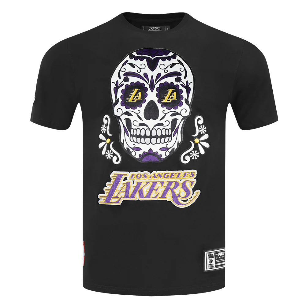 NBA LOS ANGELES LAKERS SUGAR SKULL MEN'S SINGLE JERSEY STRIPED TEE (BLACK/PURPLE)