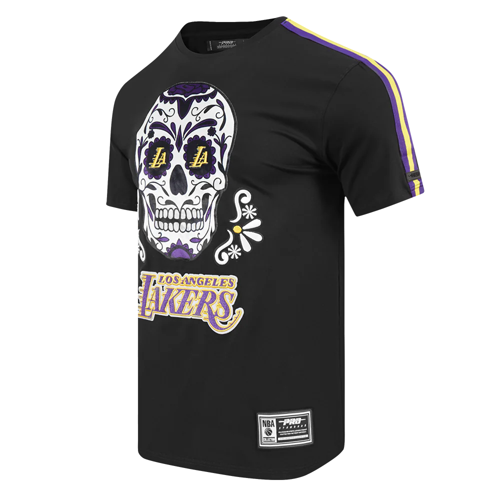 NBA LOS ANGELES LAKERS SUGAR SKULL MEN'S SINGLE JERSEY STRIPED TEE (BLACK/PURPLE) - Image 2