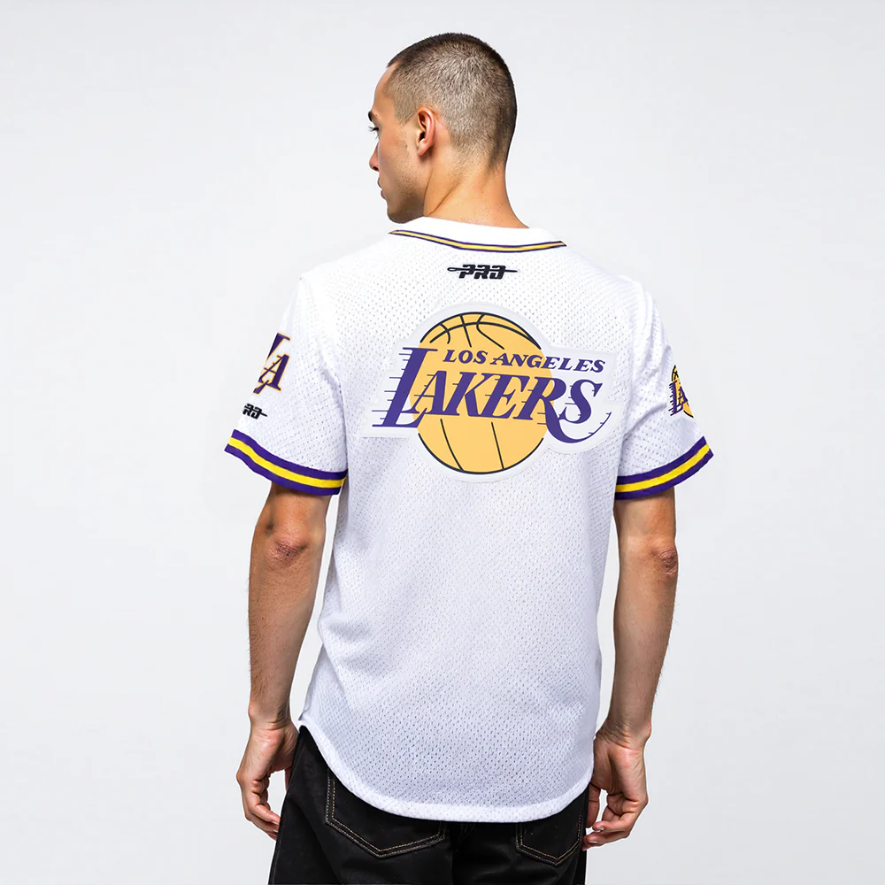 NBA LOS ANGELES LAKERS LEBRON JAMES #23 CLASSIC MESH PNN MEN'S MESH BUTTON DOWN SHIRT (WHITE/PURPLE/YELLOW) - Image 2