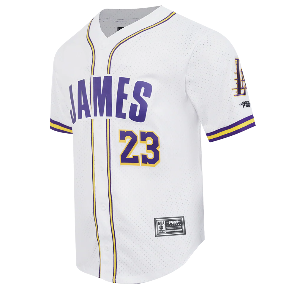 NBA LOS ANGELES LAKERS LEBRON JAMES #23 CLASSIC MESH PNN MEN'S MESH BUTTON DOWN SHIRT (WHITE/PURPLE/YELLOW) - Image 4