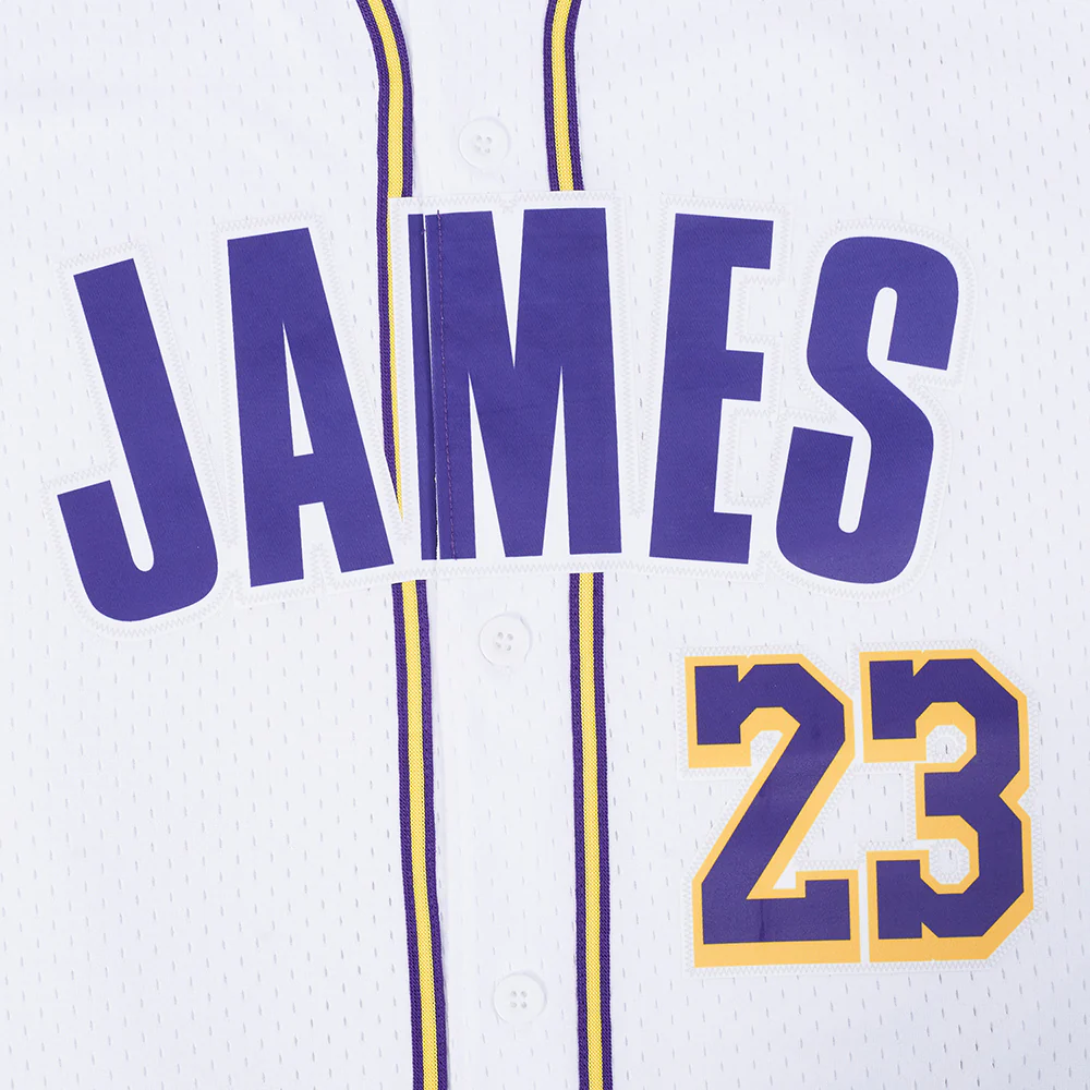NBA LOS ANGELES LAKERS LEBRON JAMES #23 CLASSIC MESH PNN MEN'S MESH BUTTON DOWN SHIRT (WHITE/PURPLE/YELLOW) - Image 9