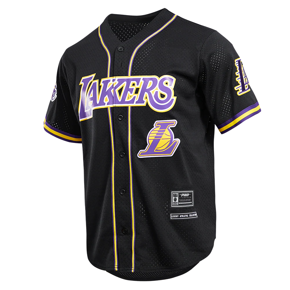 NBA LOS ANGELES LAKERS LOGO MEN'S MESH BUTTON DOWN JERSEY (BLACK) - Image 2