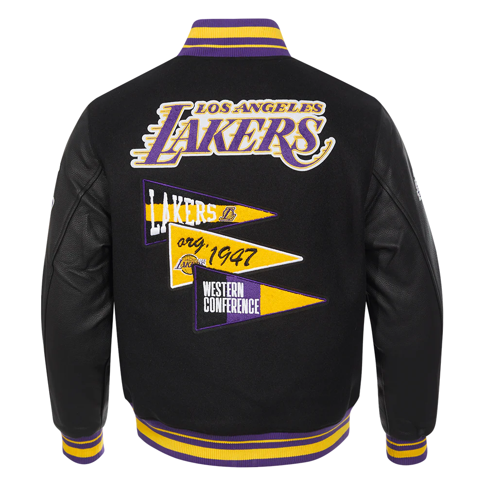 NBA LOS ANGELES LAKERS TEAM PENNANTS MEN'S RIB WOOL VARSITY JACKET (BLACK/PURPLE) - Image 3