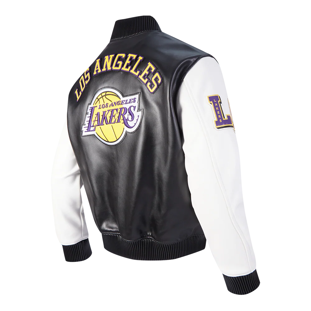 NBA LOS ANGELES LAKERS CITY SIGNATURE MEN'S LEATHER VARSITY JACKET (BLACK/WHITE) - Image 4