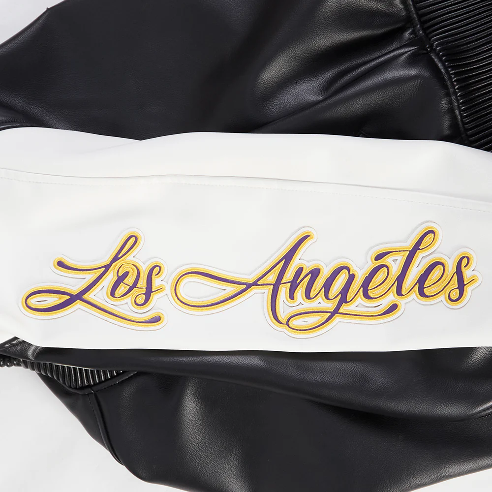 NBA LOS ANGELES LAKERS CITY SIGNATURE MEN'S LEATHER VARSITY JACKET (BLACK/WHITE) - Image 9