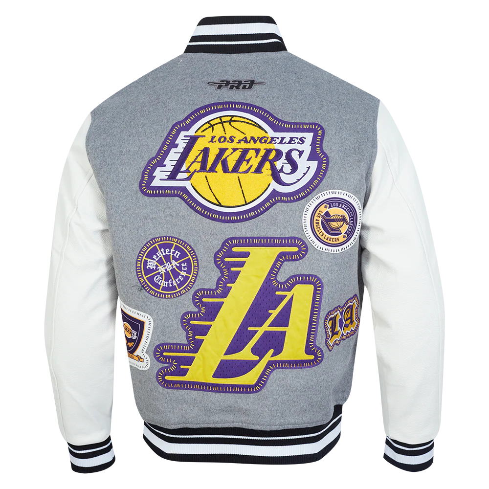 NBA LOS ANGELES LAKERS DIY PICK STITCH MEN'S RIB WOOL VARSITY JACKET (HEATHER GREY/WHITE/BLACK) - Image 3